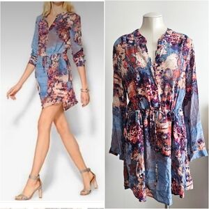 Piperlime Collection 100% Silk Watercolor Print Drawstring Shirtdress XL